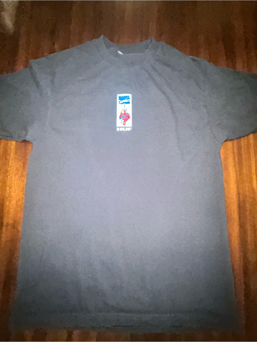 HUF Spider-Man Black Short Sleeve Tee with Small Blue & Red Chest Graphic